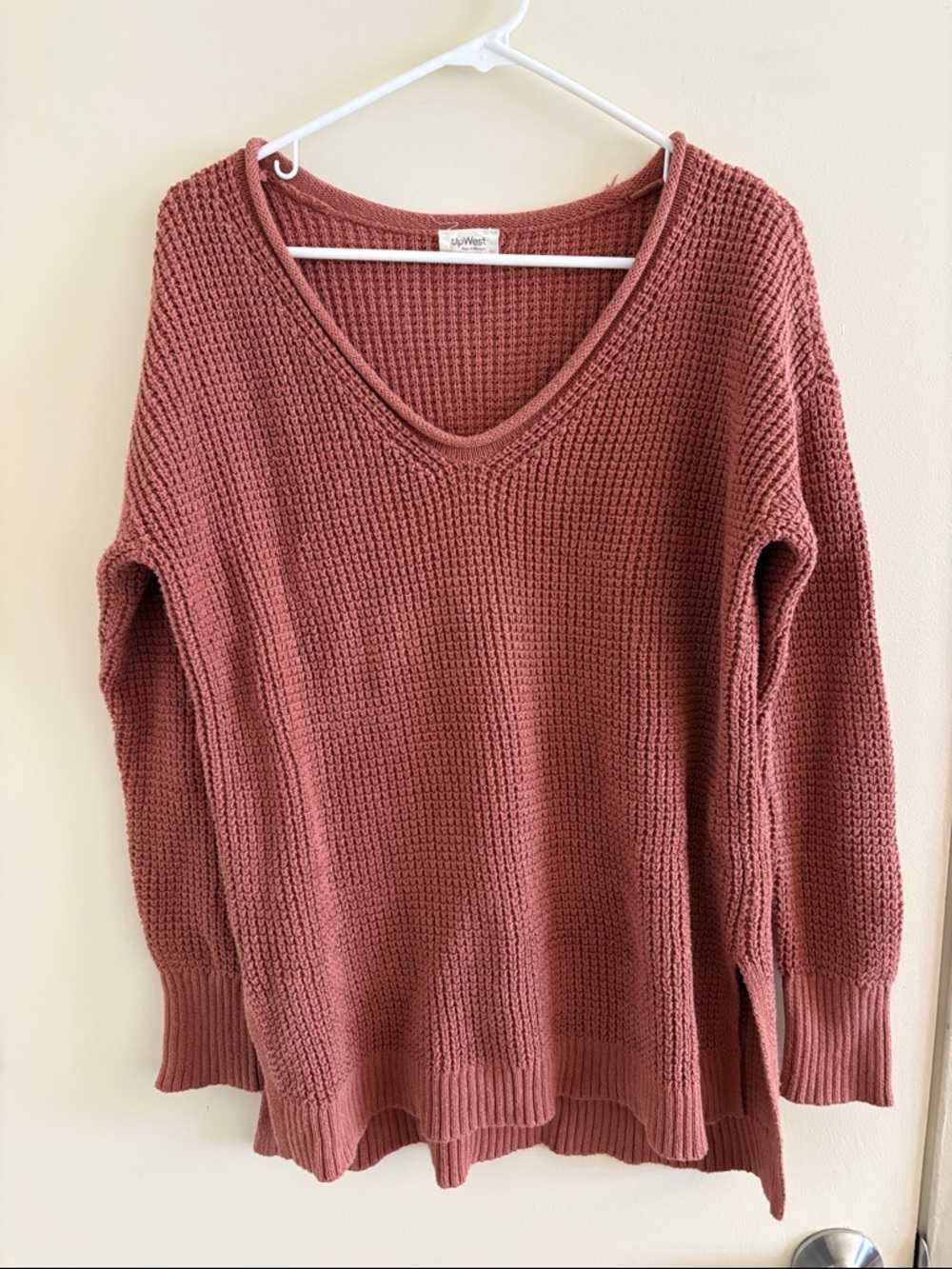 UpWest V-Neck Waffle Knit Sweater in Dusty Rose